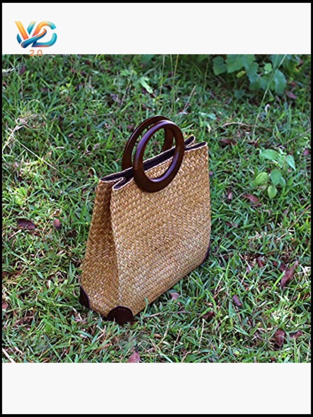 Hand-Woven Straw Tote Bag Rattan Beach Purse Retro Clutch with Round Wood Handle - Picture 3 of 6